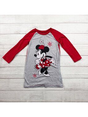 Disney Minnie Mouse Girls Holiday Nightgown Red Gray Long Sleeve 6